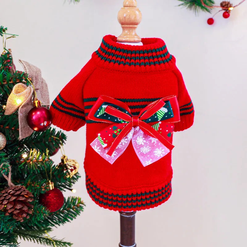 Red and green dog Christmas sweater festive pet clothing on a small dog