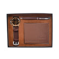 Four-piece gift set containing watch, wallet, and pen in modern presentation box