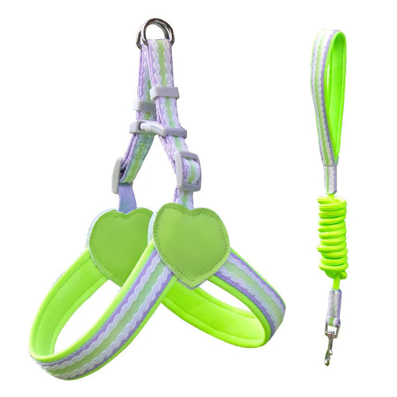 Nylon dog walking chest strap vest with integrated hand-holding rope in emerald green, shown on a medium-sized dog.