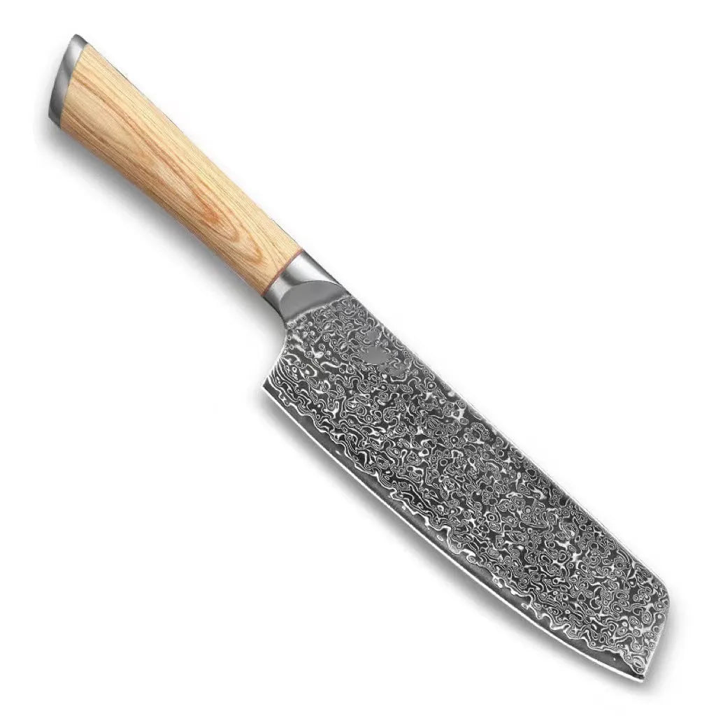 Damascus 12-piece kitchen knife set showing layered steel pattern on various blade sizes from 3.5-inch to 9-inch