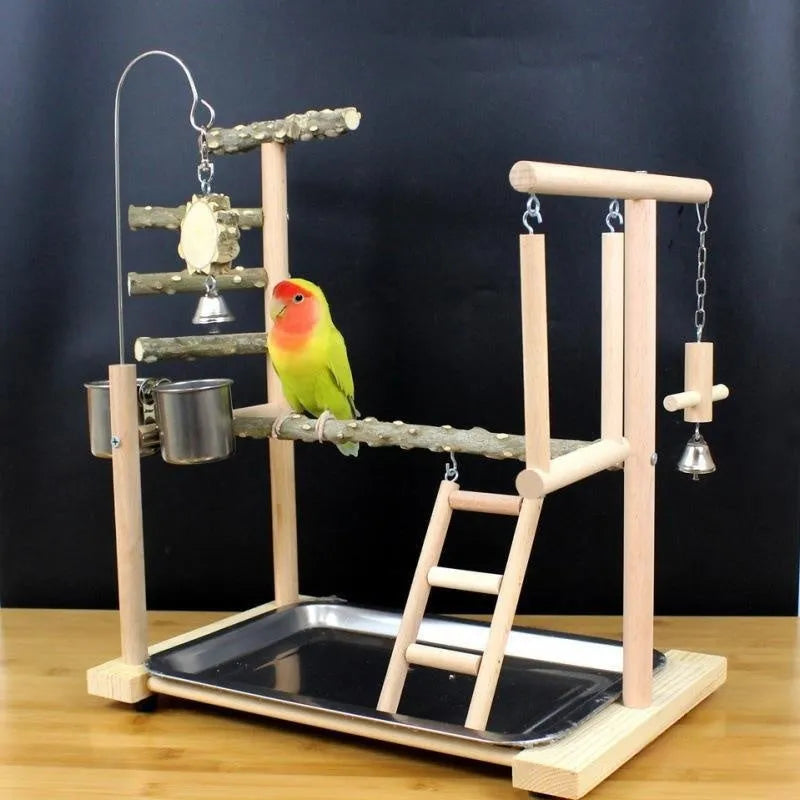 Natural pepper wood parrot toy stand pole with mounting points for bird accessories.