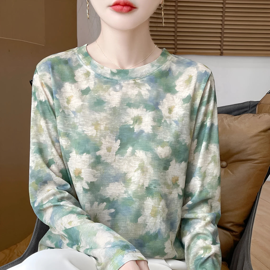 Round neck Tencel cotton pullover shirt with artistic printed design in one of five colour variations