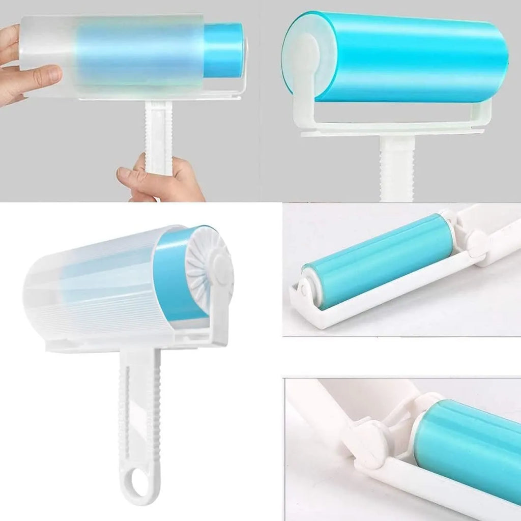 Blue reusable washable sticky lint roller with protective cover for removing pet hair.