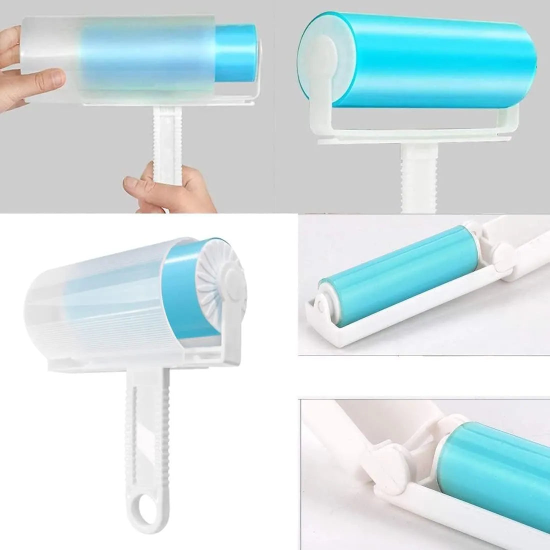 Blue reusable washable sticky lint roller with protective cover for removing pet hair.