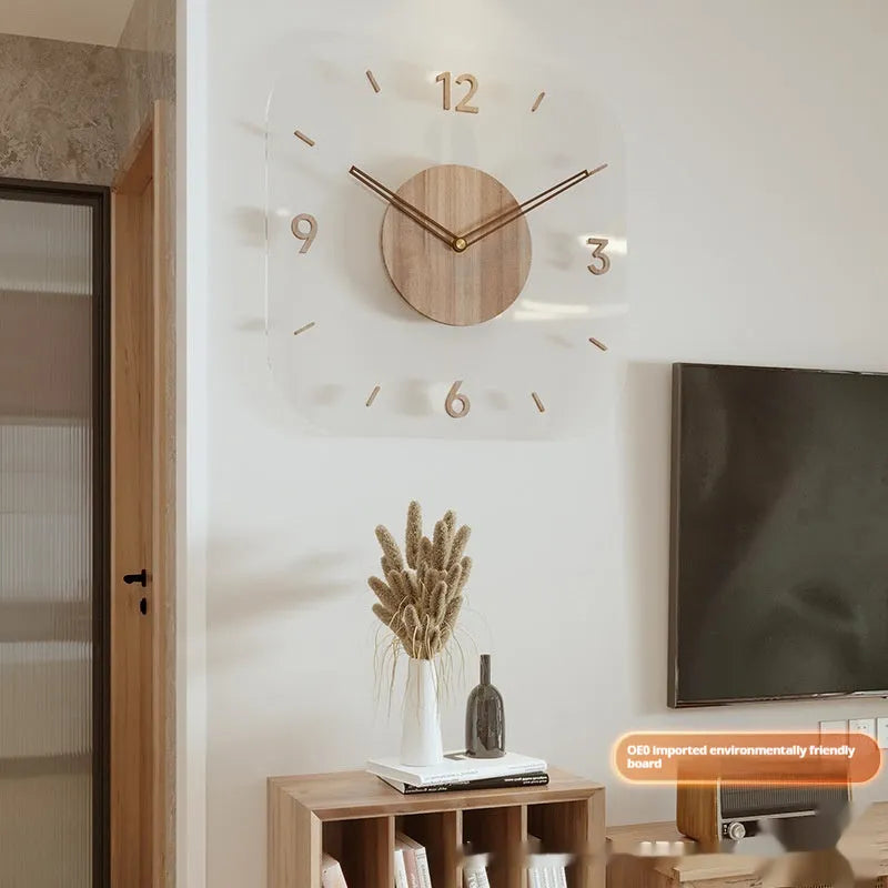 Modern square transparent wooden wall clock showing visible mechanical gears, 35cm size.