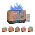 Square snowflake pattern humidifier with colourful flame effect and remote control on desktop