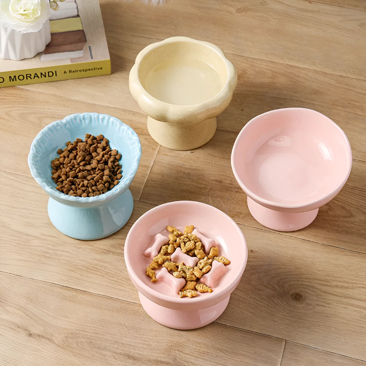 Anti-tumble large diameter ceramic cat bowl in pink, beige or sky blue, A B C D style pet tableware