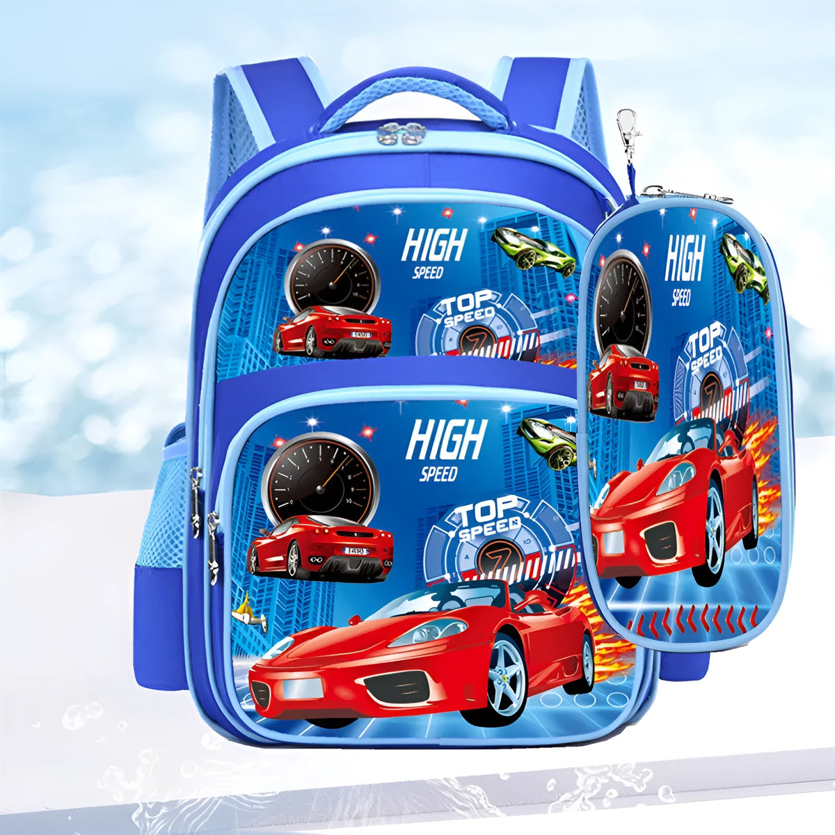 Blue cartoon anime print nylon school backpack with pencil case, shown with open compartment