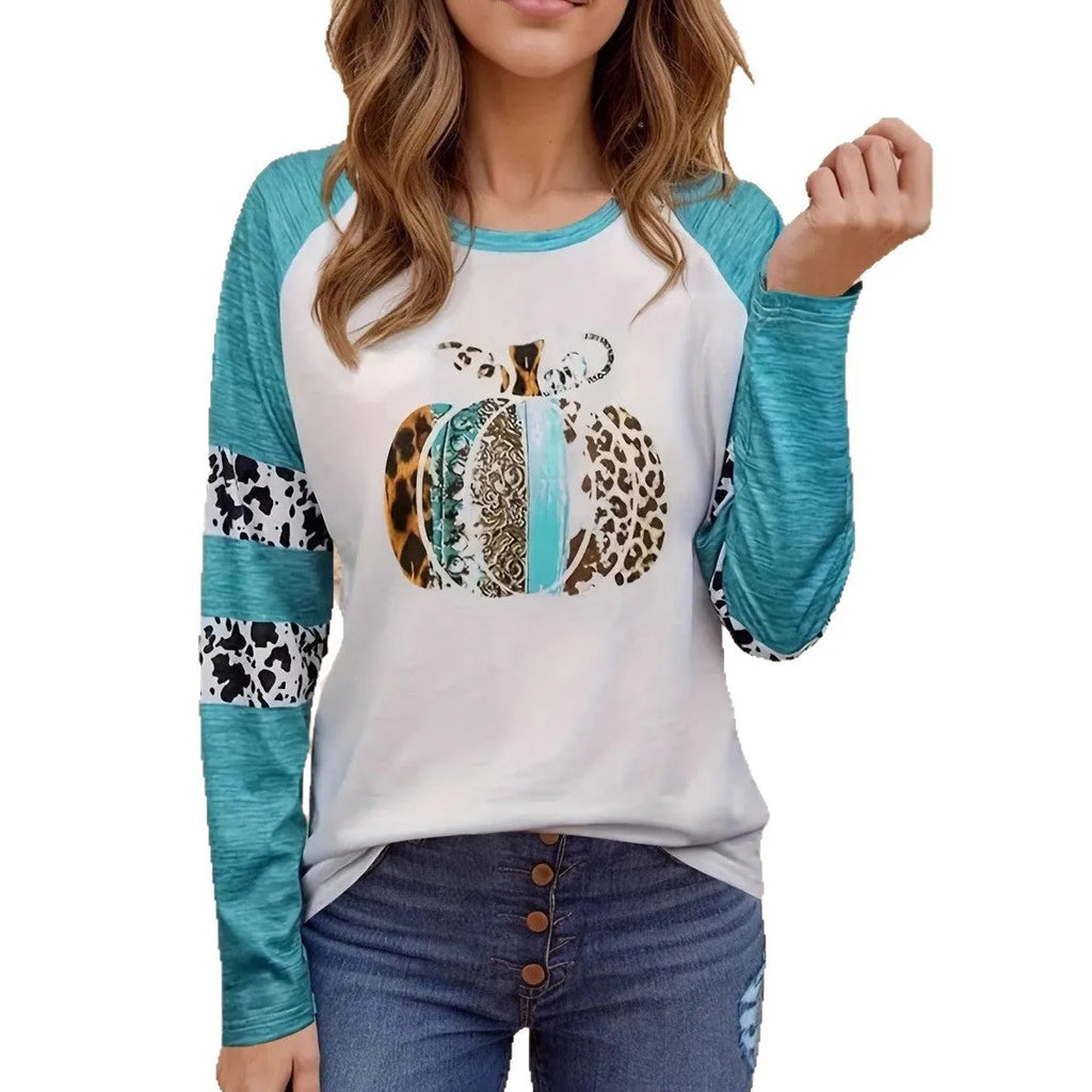 Sky blue Halloween t-shirt with 3D pumpkin print, long sleeves, regular fit