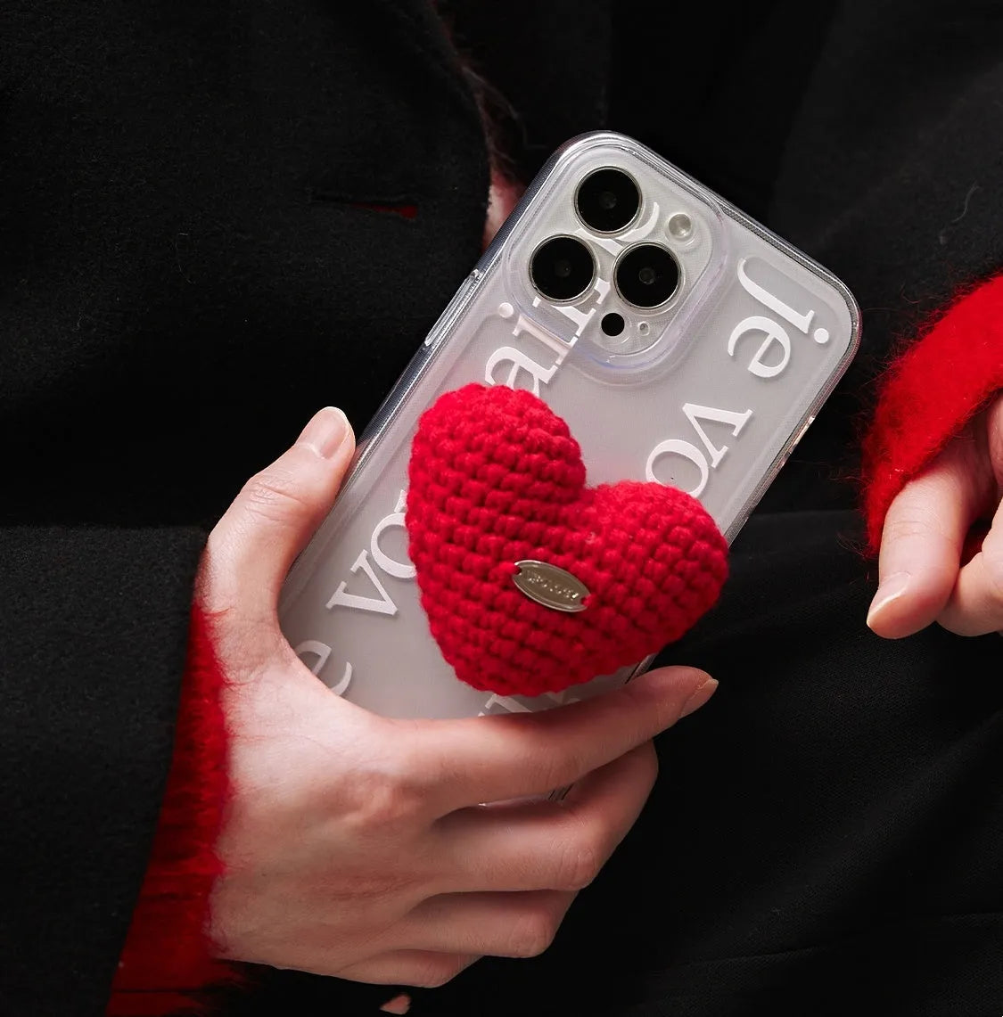 Original Knitted Love Stand phone case for iPhone, TPU glass back, retro Japanese Korean style, black or white, heart bracket option.