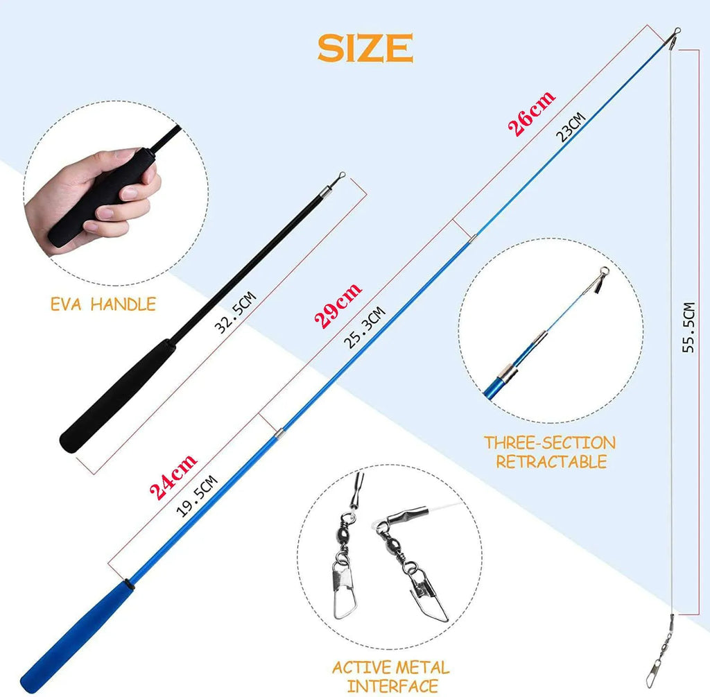 Cat teasing pole set with two fishing rod toys and ten feather replacement heads for interactive play