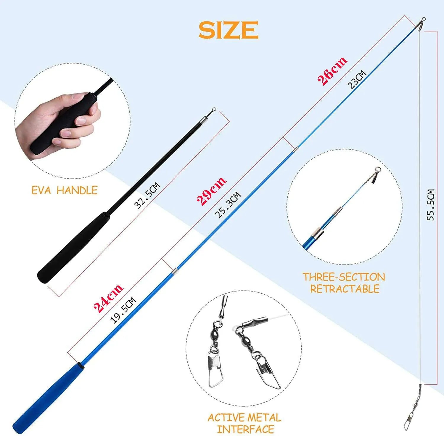 Cat teasing pole set with two fishing rod toys and ten feather replacement heads for interactive play