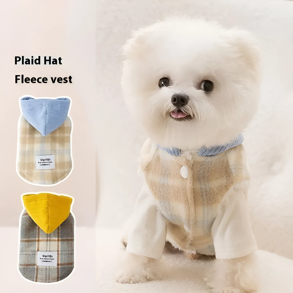 Blue corduroy dog vest with a chessboard grid pattern and an attached yellow hood.