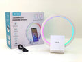 White Bluetooth speaker with ambient lighting and wireless charging pad measuring 225x200x10mm