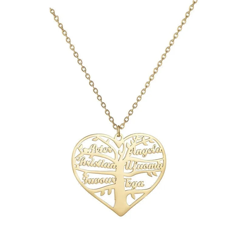 Close-up of a personalised stainless steel necklace with a heart-shaped pendant engraved with names and a family tree design.