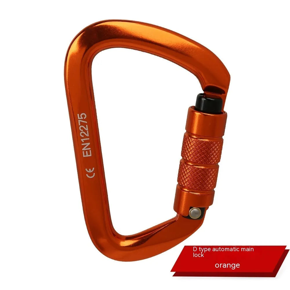 D-type metal climbing safety lock with a choice of automatic or threaded gate, shown in multiple colours.