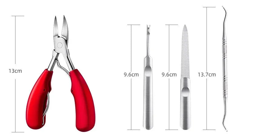 Professional stainless steel nail clippers set with red trumpet and olecranon scissors attachments