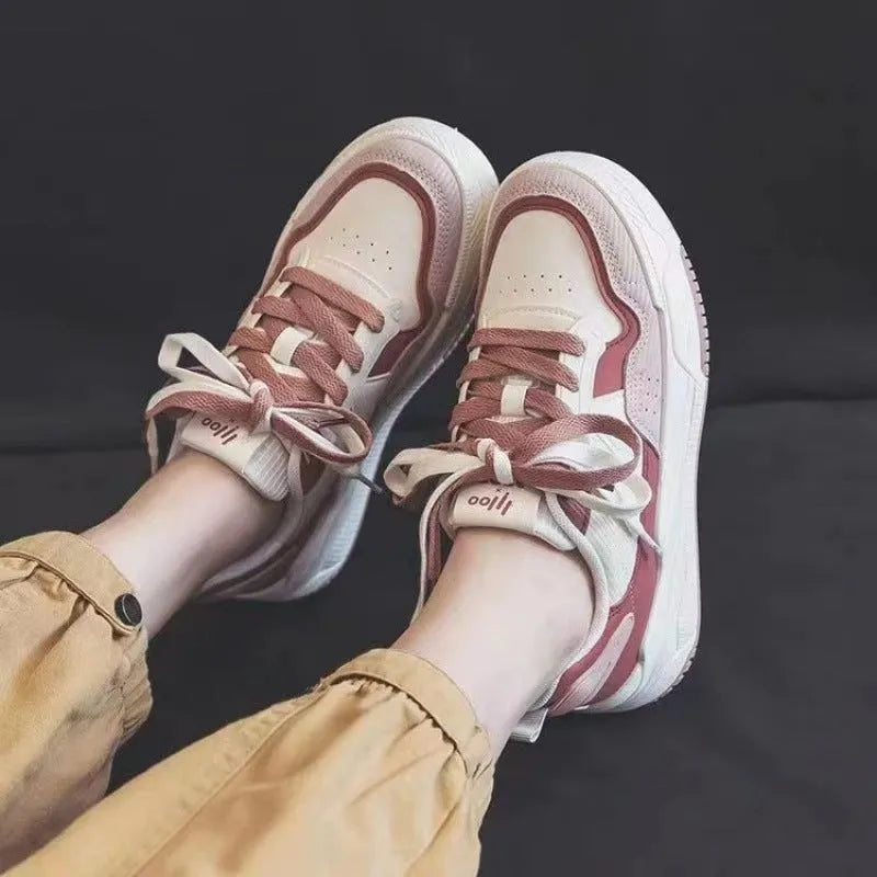 Women's pink low-top rubber sneakers with height-increasing soles and imitation leather lining