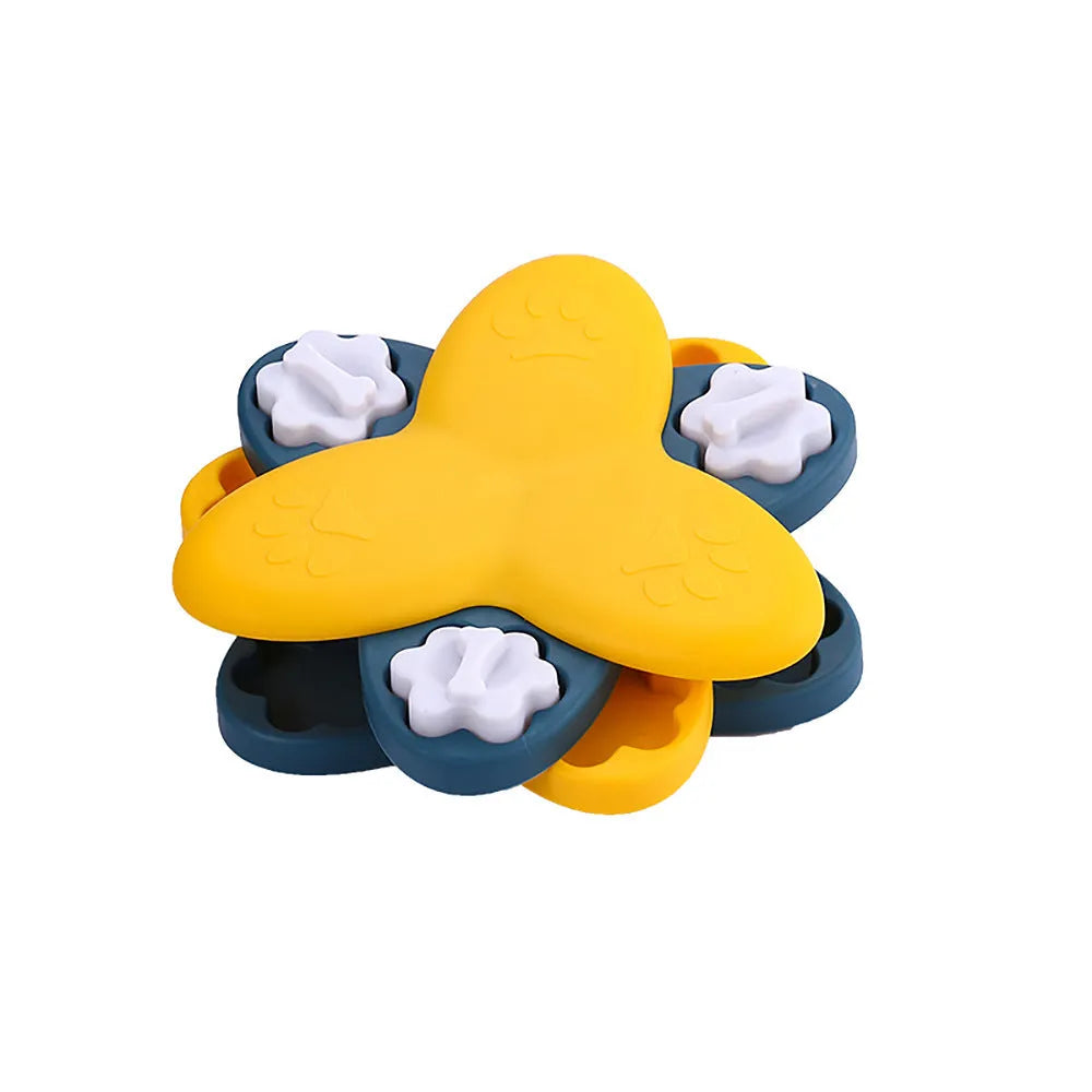 Green and yellow dog puzzle toy with bone-shaped covers and non-slip base.