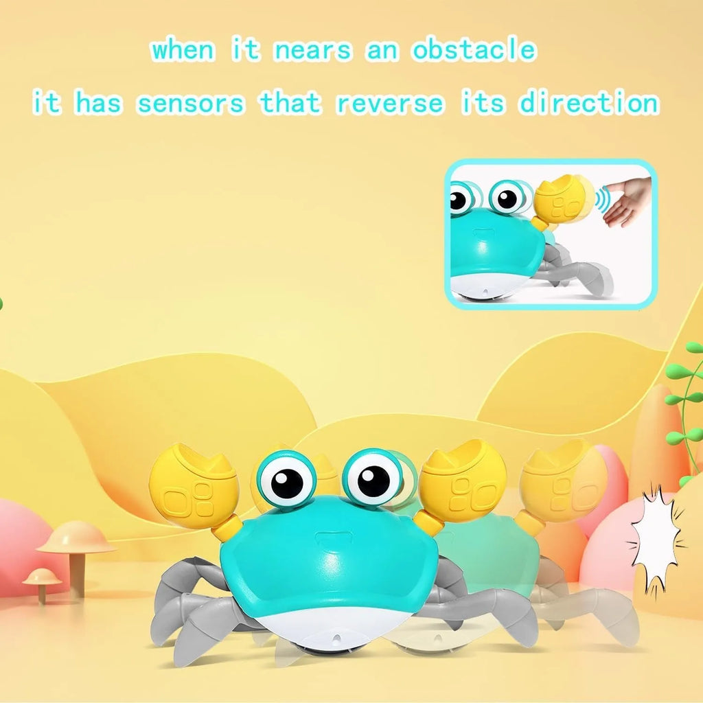 Blue crawling crab dog toy with obstacle avoidance sensors and LED lights on hardwood floor