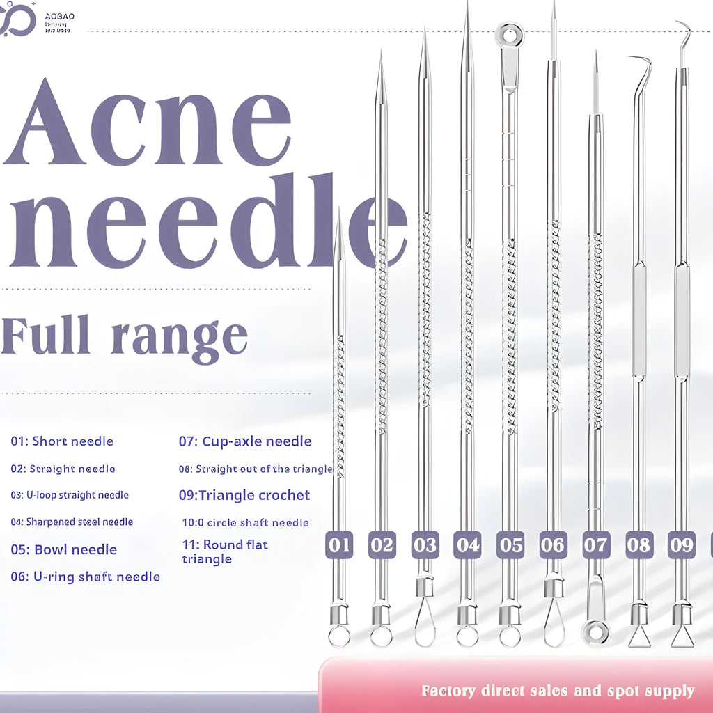 Four silver metal acne needles with ultra-fine pointed tips for skincare treatment.