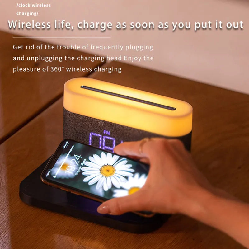Black or white desktop wireless charger with digital clock display and night light function