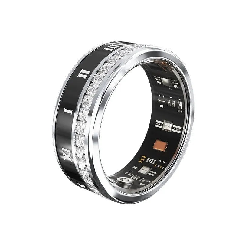 Diamond inlaid smart ring showing health monitoring features on finger