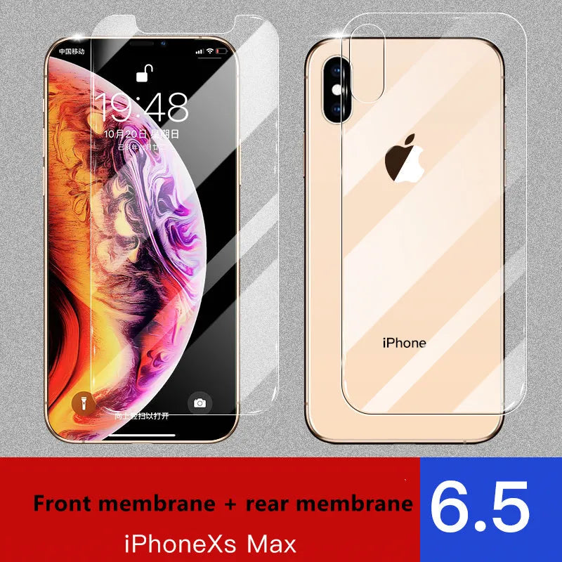 Apple iPhone tempered glass screen protector film for front and rear protection.
