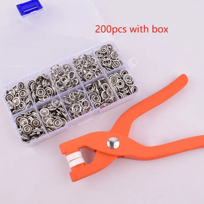 Five claw no-sew stainless steel button for children's clothing measuring 9.5mm with application pliers