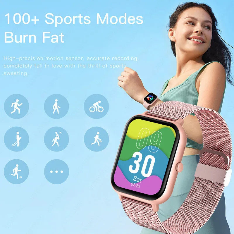 Smart watch with AMOLED screen showing health metrics including heart rate and blood oxygen levels
