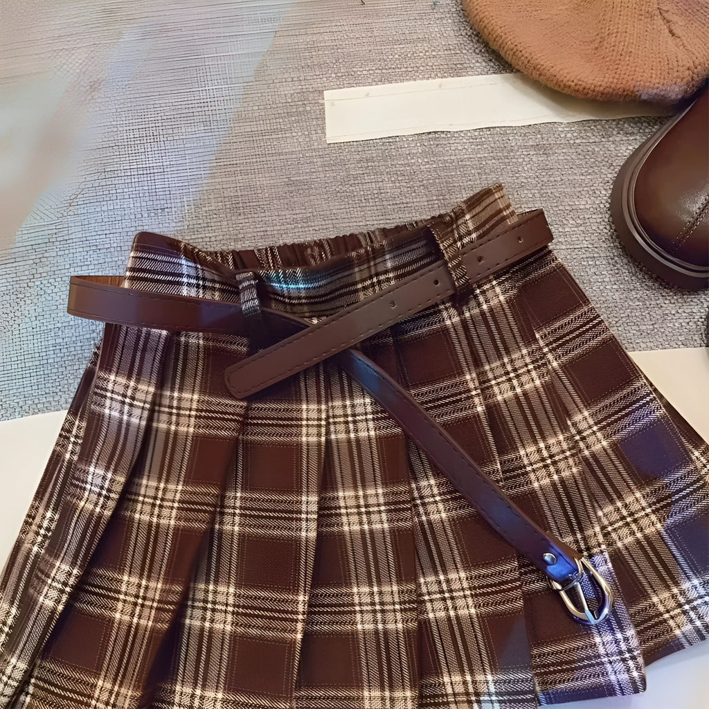 Girls' cotton blend plaid pleated A-line skirt for spring and autumn casual wear