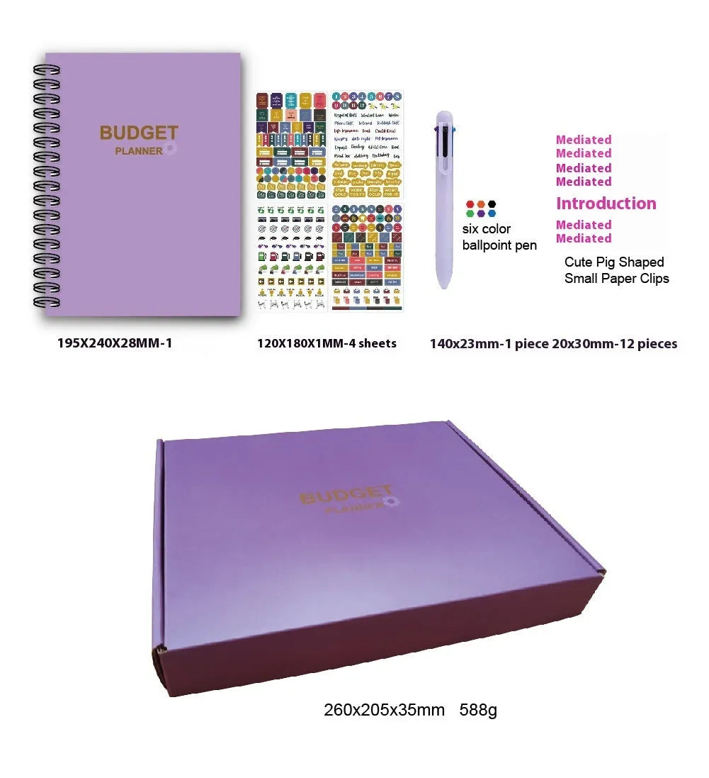 Purple coil-bound A5 financial planning notebook with pen, stickers, and paper clips for monthly budgeting