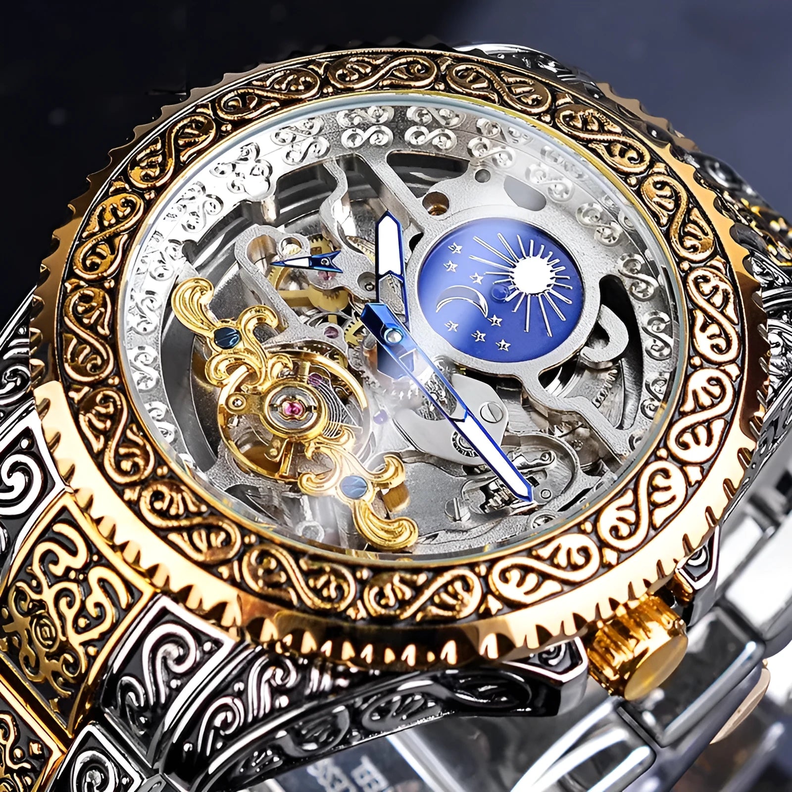 Forsining yellow skeleton tourbillon mechanical watch with stainless steel case