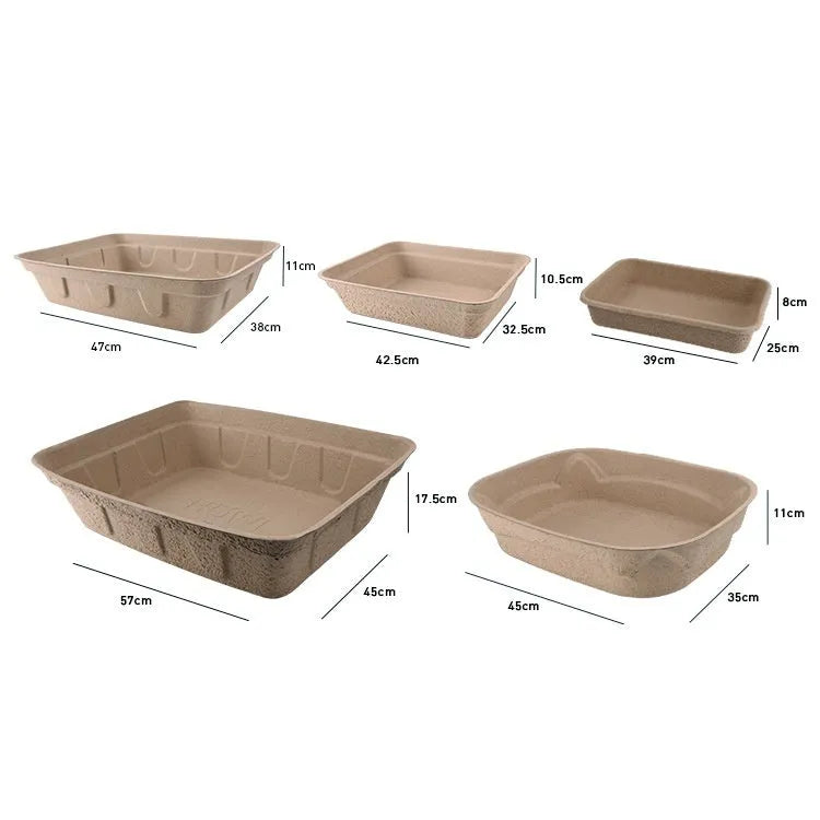 Brown disposable waterproof cat litter box shown in a small size, suitable for travel with pets.