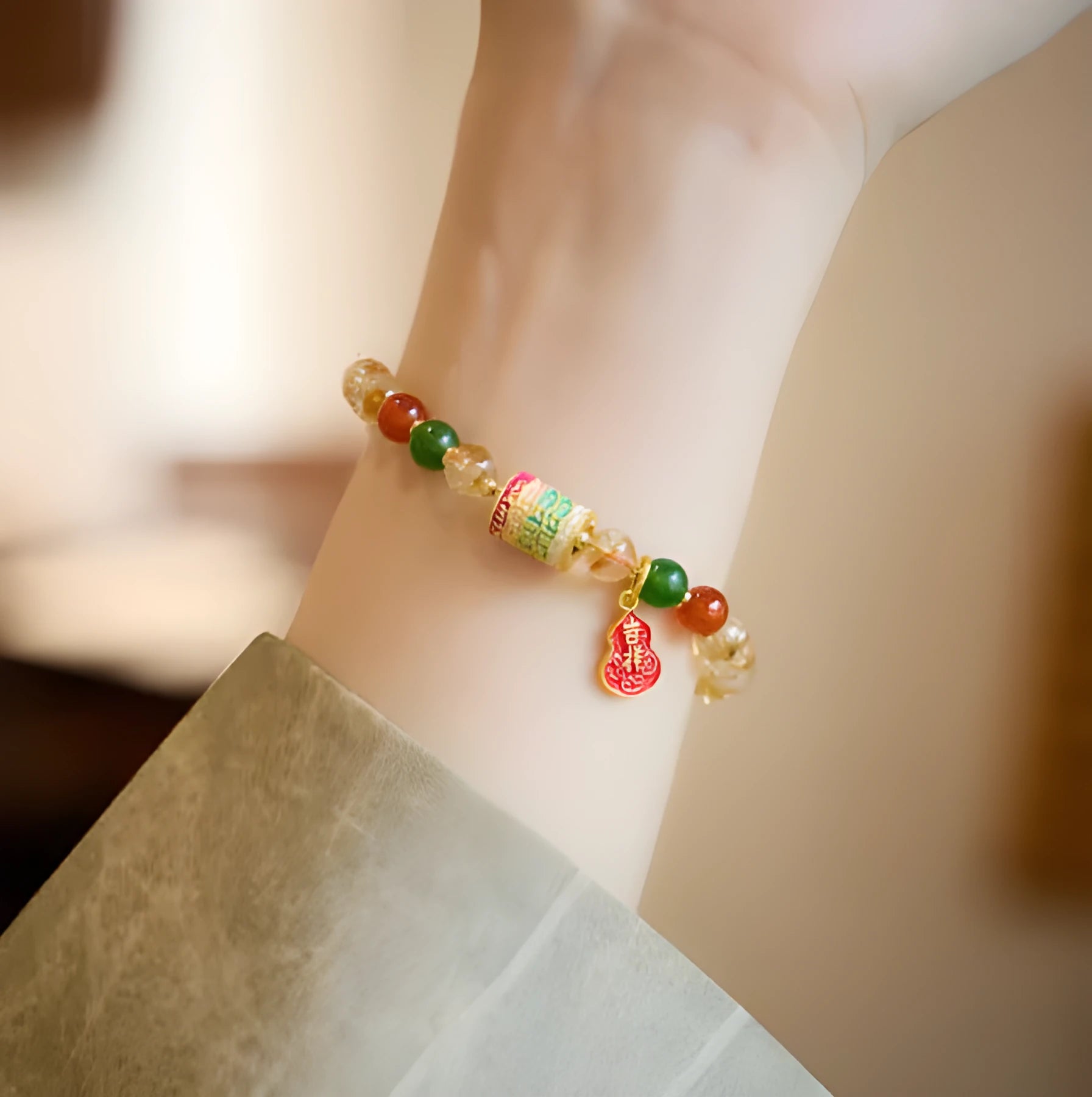 Hand-woven citrine crystal bracelet with five-sutra geometric design in fresh styling