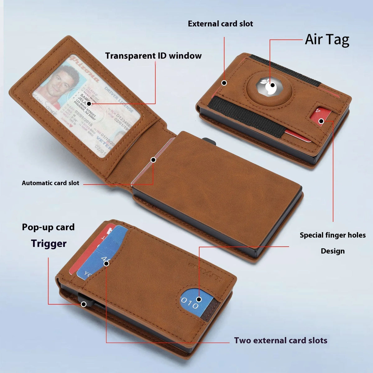 Men's slim card holder in microfiber with synthetic leather lining in black, dark brown, or light brown