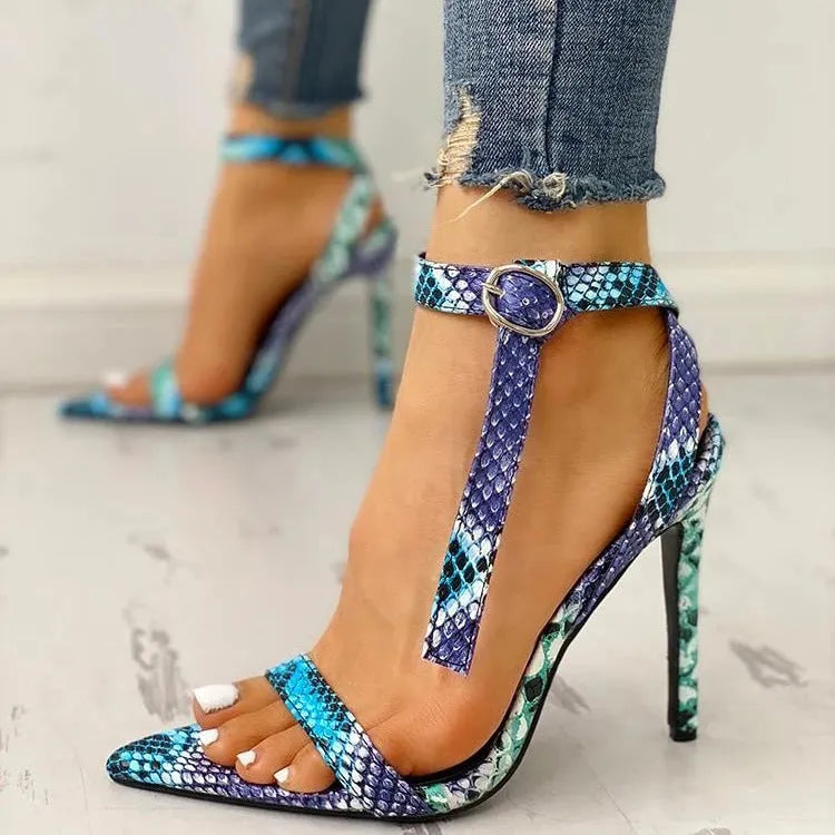 Blue women's large size high heel sandals with hollow-out design and buckle strap, pointed toe.