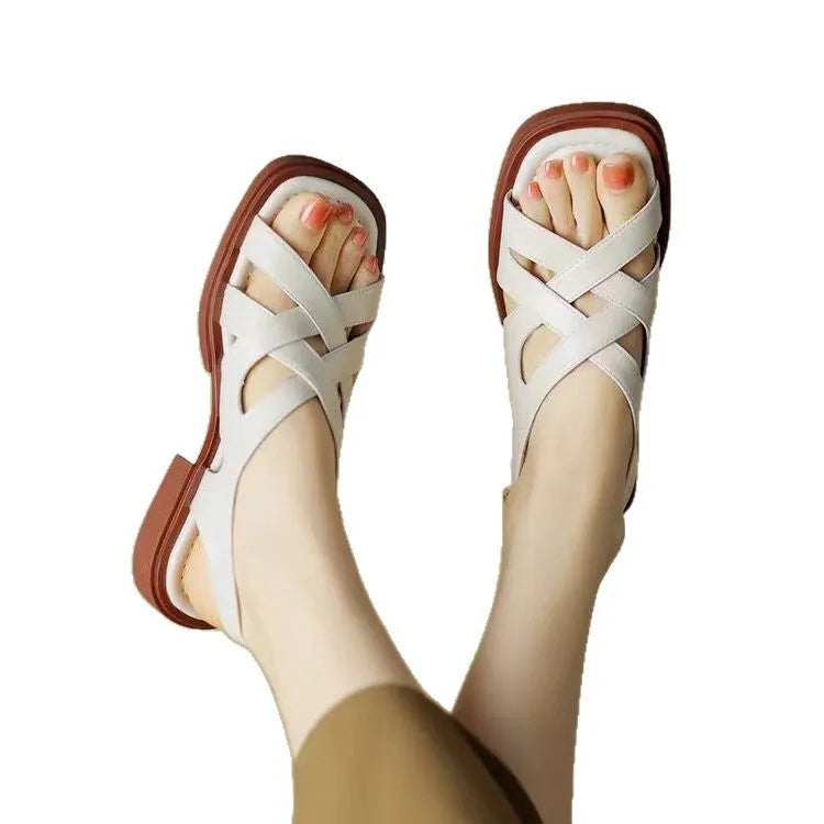 Women's patent leather square toe beach sandals with low heel and rubber soles