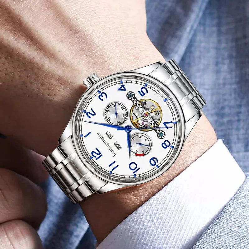 Men's stainless steel mechanical business watch with hollow movement visible through transparent case back