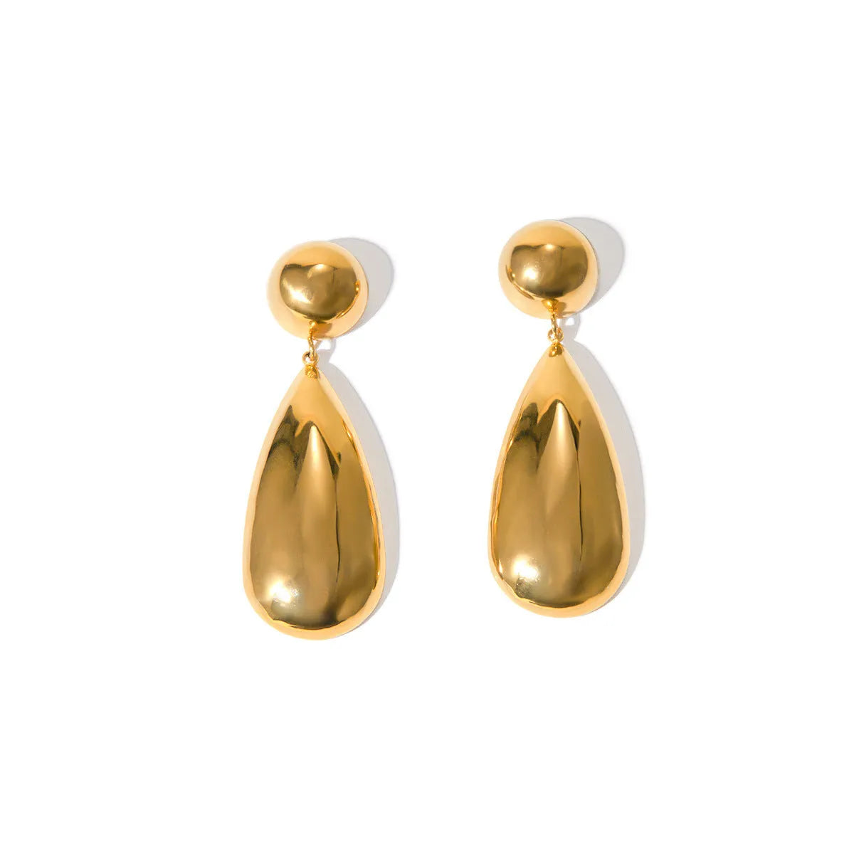 Gold coloured stainless steel earrings with geometric water drop hemisphere pendant design