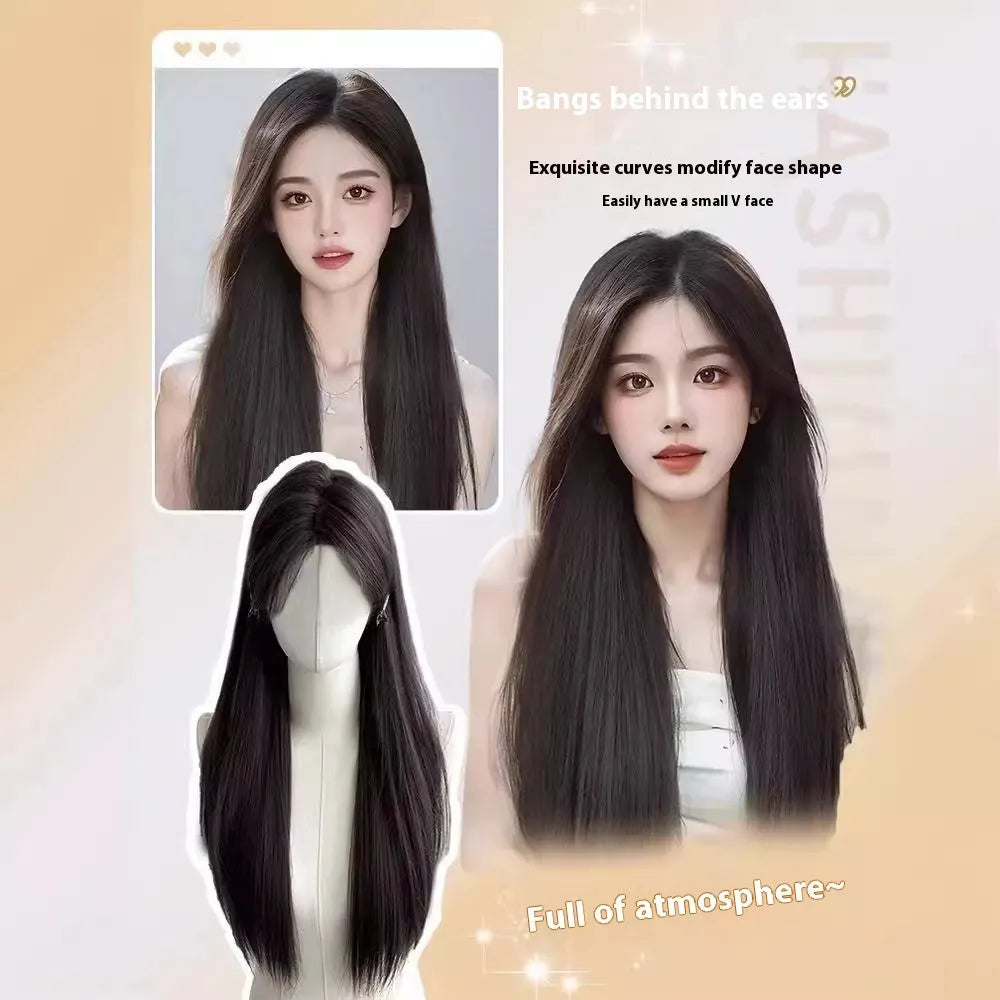 Forehead lace long straight synthetic wig in dark brown with side bangs styling
