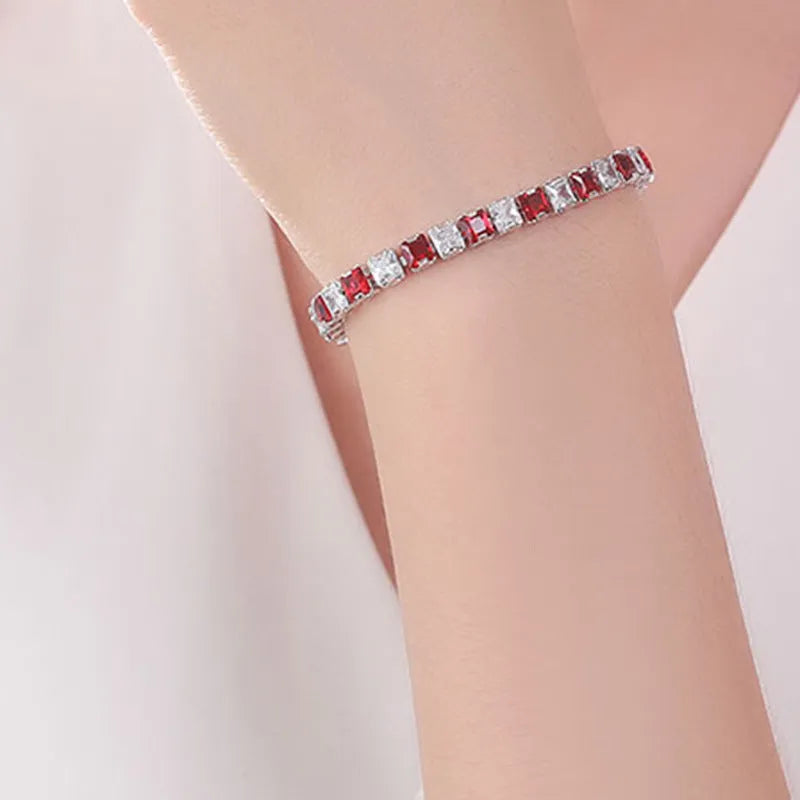 Electroplated real platinum square diamond bracelet with geometric design and gang drill elements in zircon