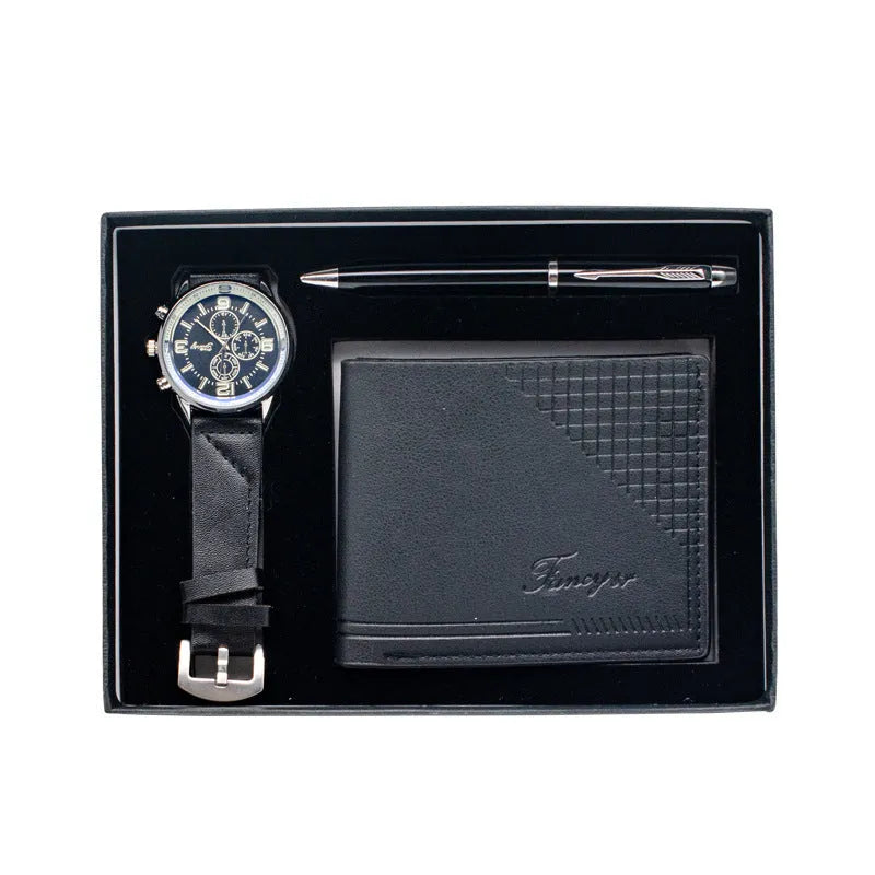 Four-piece gift set containing watch, wallet, and pen in modern presentation box