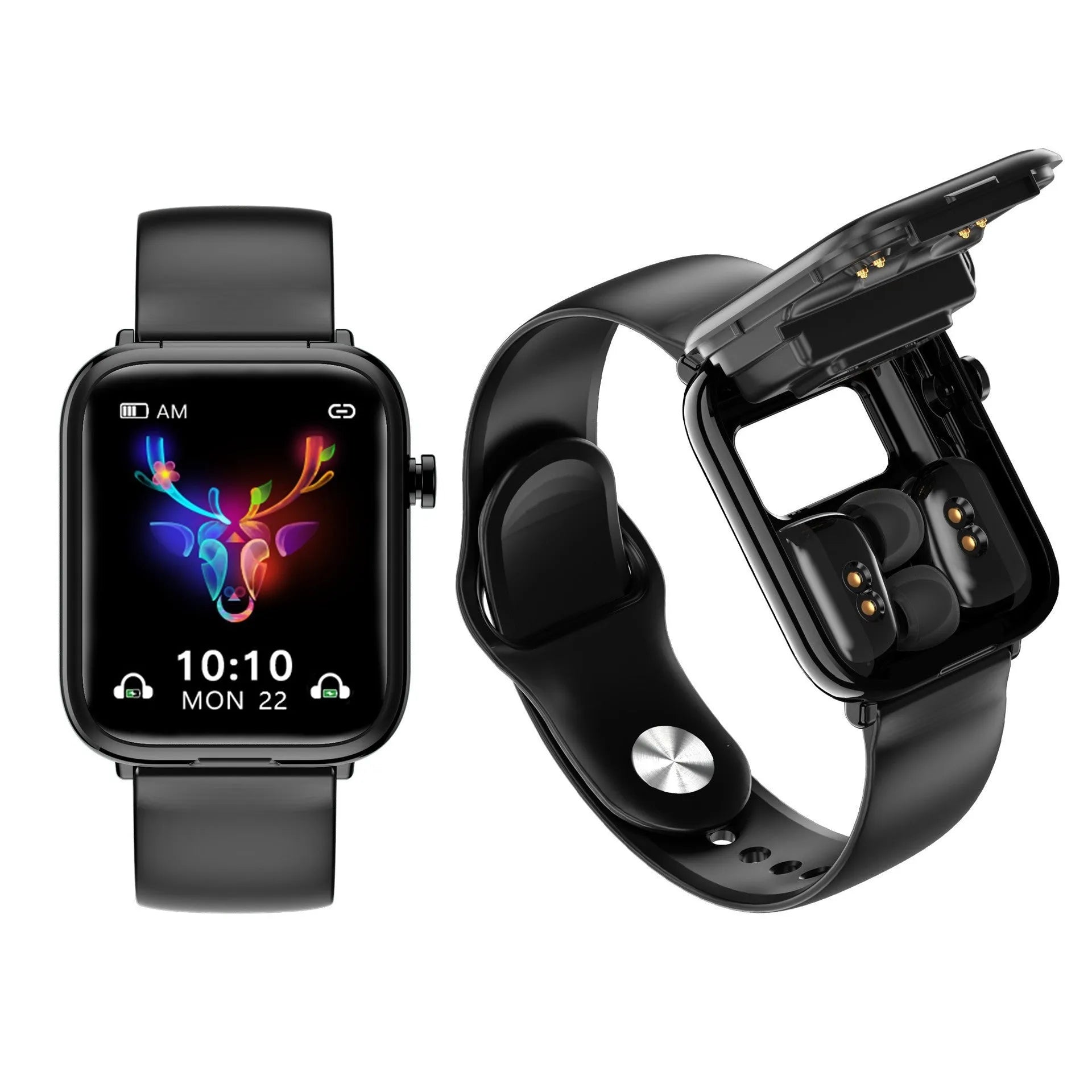 Black zinc alloy smartwatch with 1.69-inch touch screen and magnetic charging case for Bluetooth earbuds.