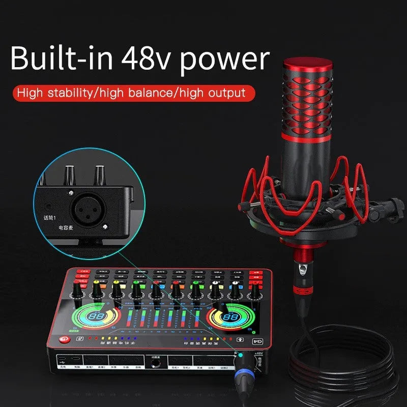 G4 professional audio sound card mixer with colour LCD screen, multiple knobs, and a microphone on a black background.