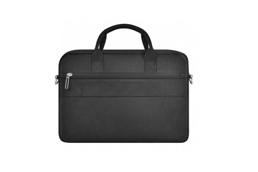 Black multi-pocket Oxford cloth laptop backpack showing organisers and lock, sized for 14-inch or 15.6-inch laptops.