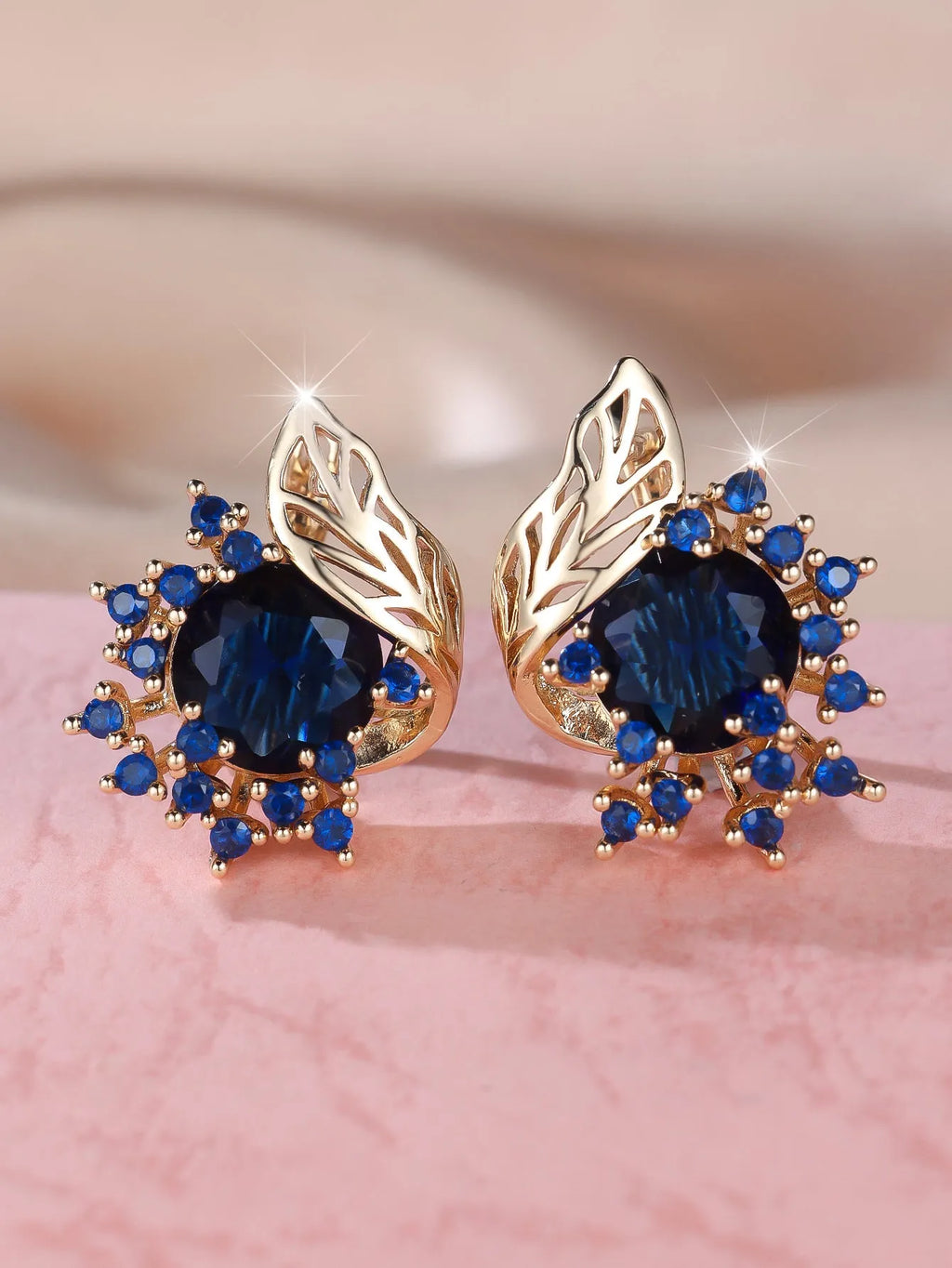 Round flower feather zircon earrings with champagne gold electroplated finish and six gemstone colour options