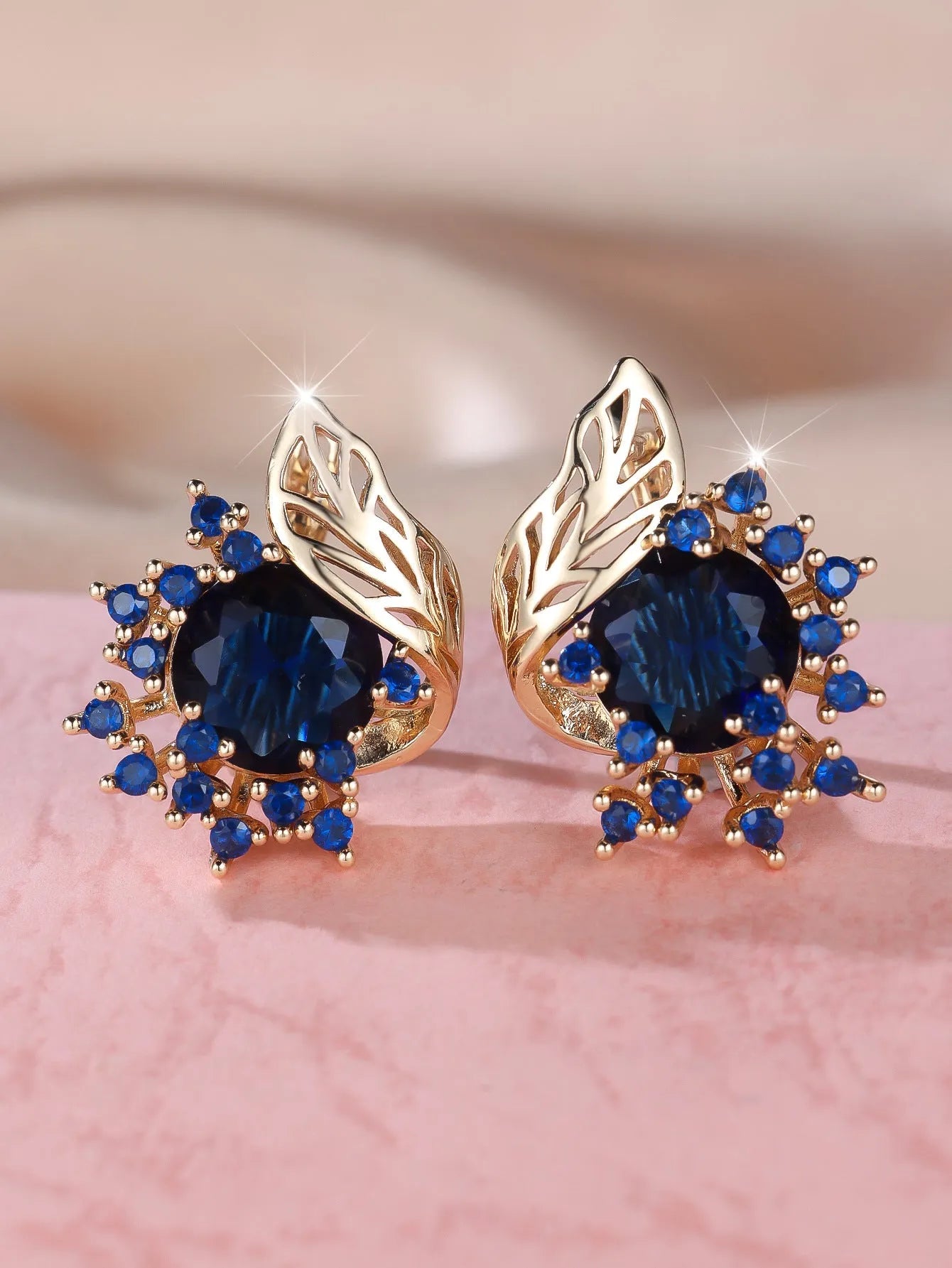 Round flower feather zircon earrings with champagne gold electroplated finish and six gemstone colour options