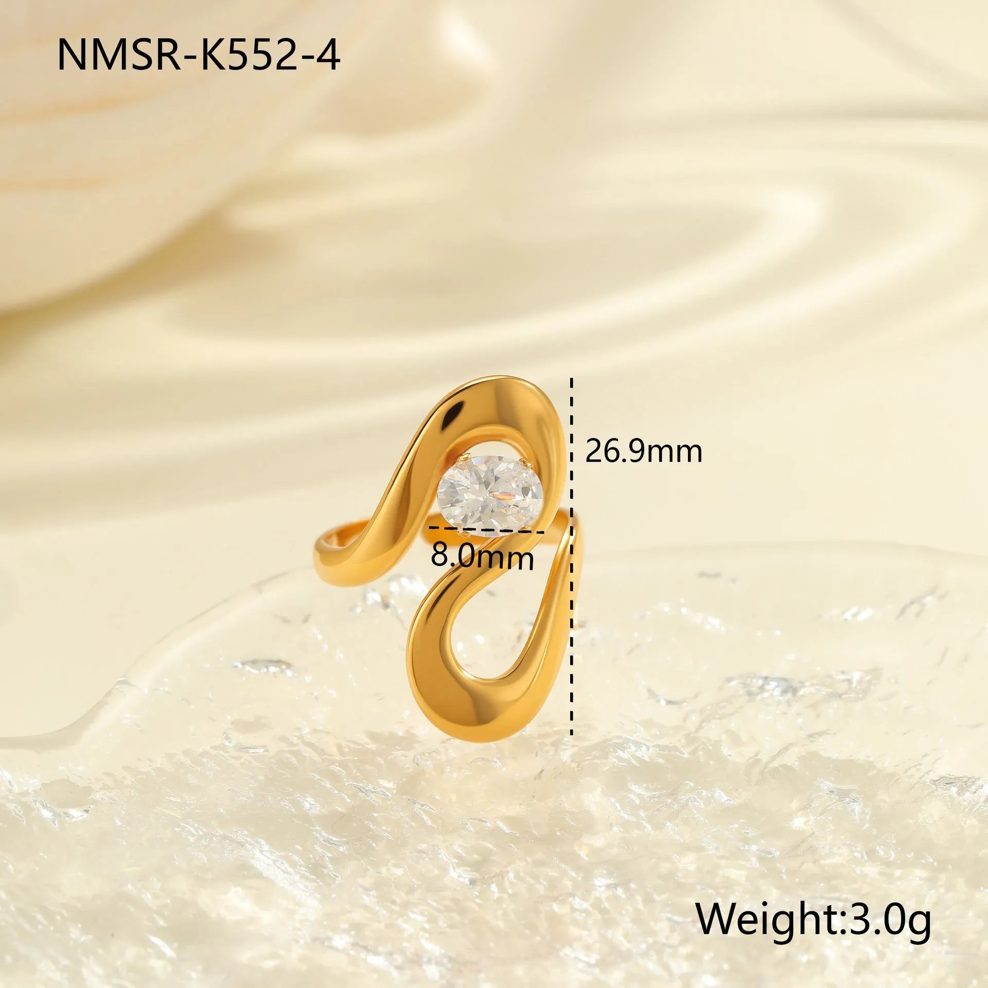 Geometric stainless steel zircon ring with open mouth adjustable design on a hand.