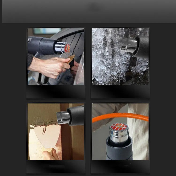 Black industrial hot air gun with a two-speed switch and grid-pattern nozzle on a workbench.